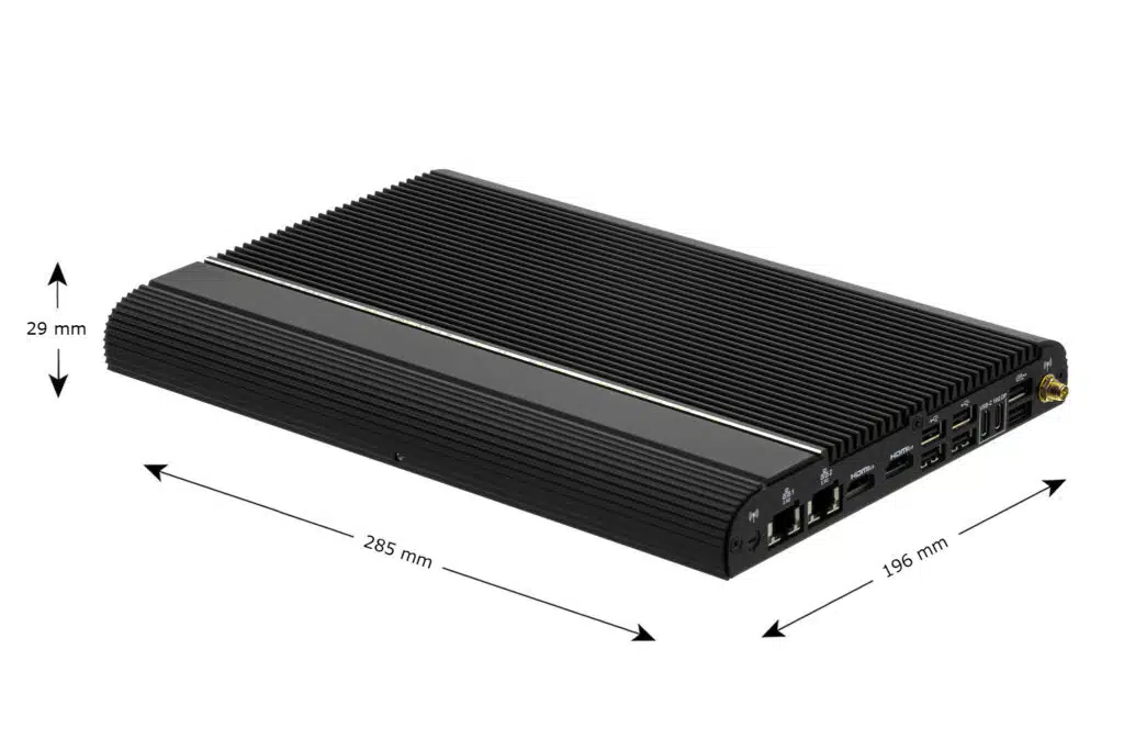 Dimensions of the WINDBOX III Core with its ultra-slim, fanless enclosure measuring 196 x 285 x 29 mm