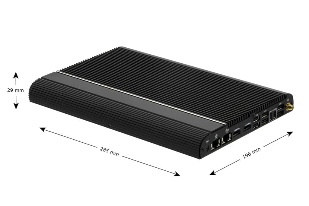 Abmessungen der WINDBOX III Core mit 196 x 285 x 29 mm ultraflachem Fanless-Gehäuse